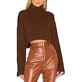 Jumppmile Women's Crop Sweater Turtleneck Long Sleeve Lightweight Fleece Cropped Pullover Sweater Top