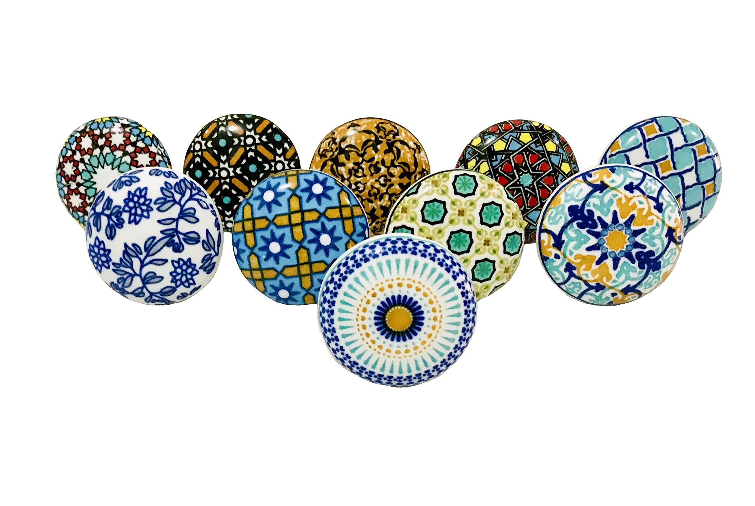 Gavya International Multicolour Decorative Cupboard Knobs - Assorted Cabinet Colorful Mandala Ceramic Pull Handle for Kitchen Drawers Cupboard Wardrobe Furniture Hardware - Multicolour- Pack of 10