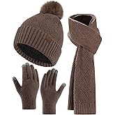 AWAYTR Winter Beanie Hat Gloves Scarf Set for Women - 3 Piece Knit Gift Set with Pom Pom Hat Touch Screen Gloves and Scarf