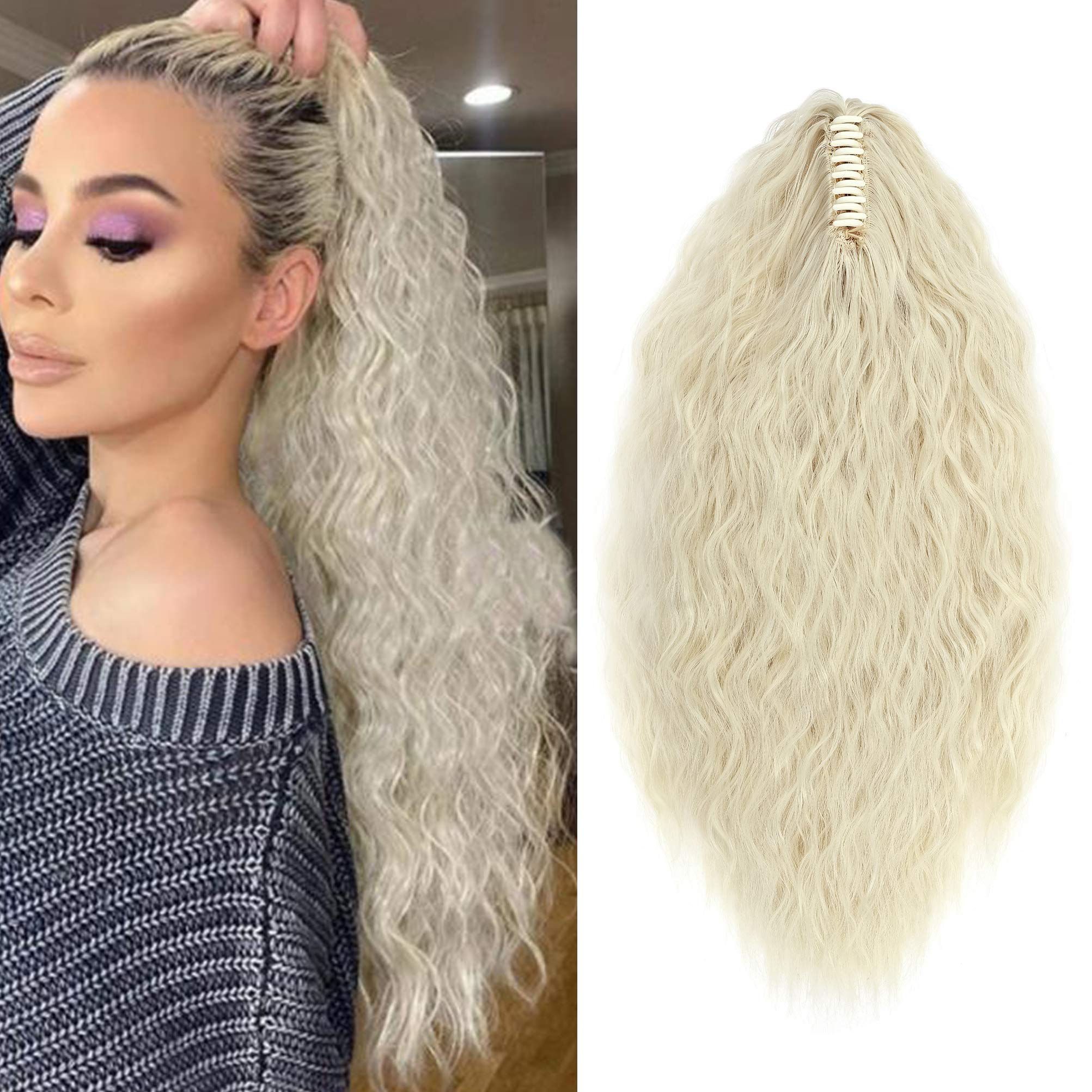 24inch Long Corn Curly Wave Ponytail Extension Synthetic Claw Ponytail Clip in Jaw Claw Hair Extensions Hairpieces for Women Bleach Blonde