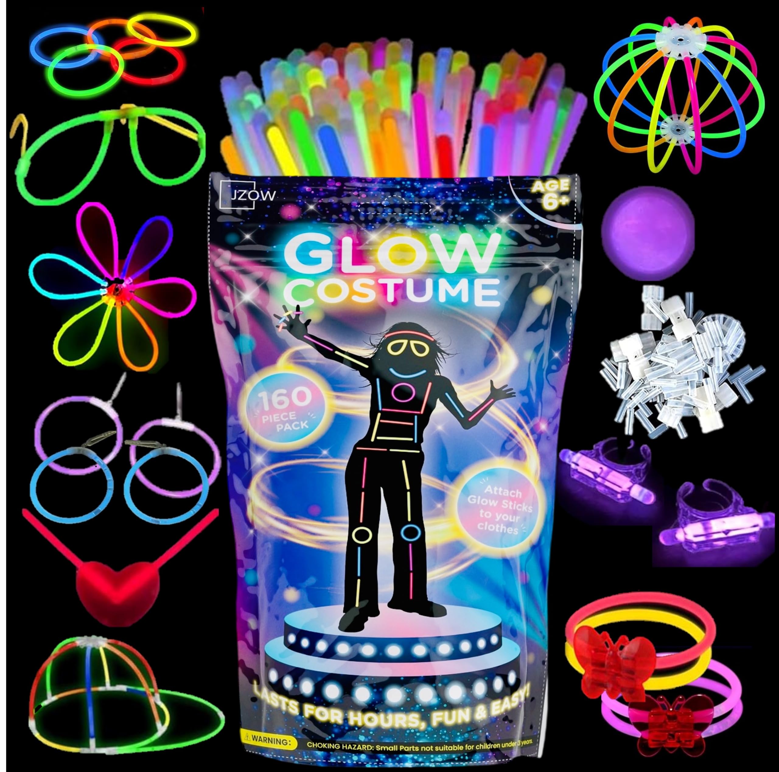 JZOW Glow Sticks Party Packs, Glow in the Dark Halloween Costume. Glow Stick Bracelets and Accessories Party Supplies. Ultra Bright Long Lasting Glowsticks.
