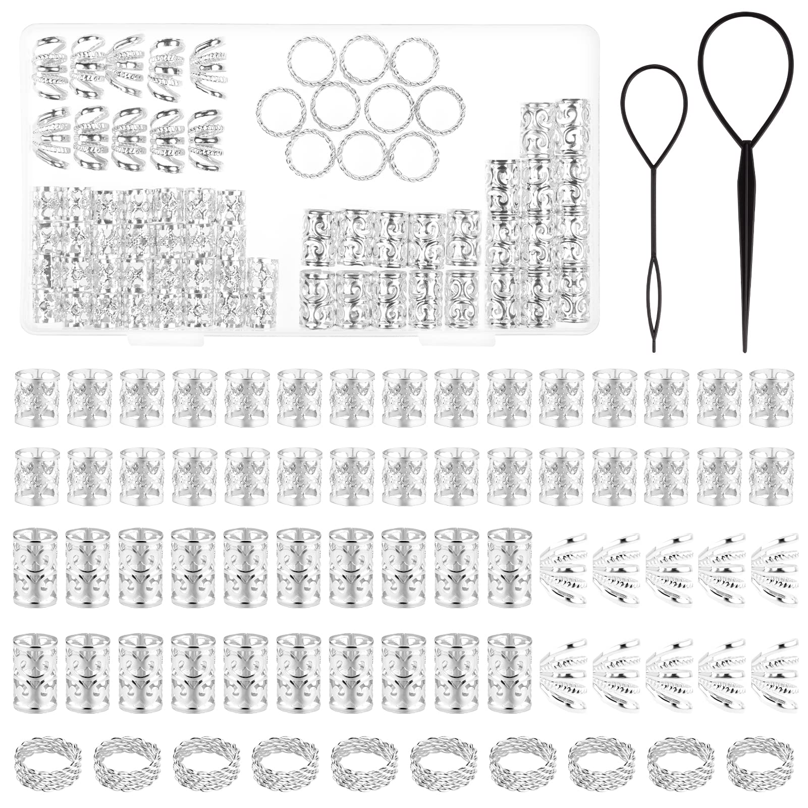 MELLIEX Pack of 70 Dreadlocks Jewellery, Aluminium Hair Rings for Braids, Adjustable Braids, Jewellery, Woven Hair Accessories for Women, Men, Silver