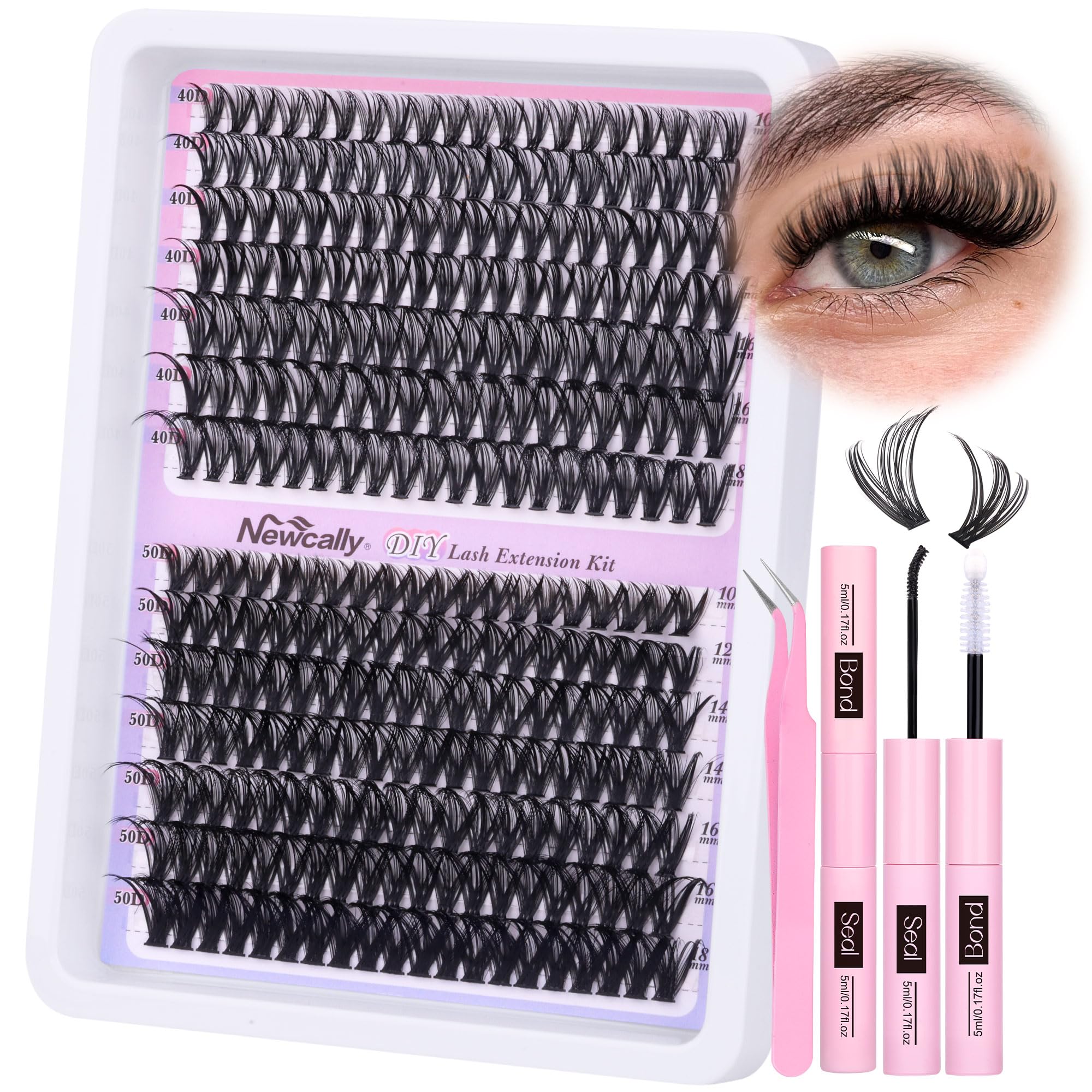 Lash Extension Kit Cluster Lashes Kit 40D 50D Volume Individual Eyelashes Kit D Curl DIY Eyelash Extension Kit 10-18MM Lash Clusters Kit Individuals 280Pcs by Newcally — image 1