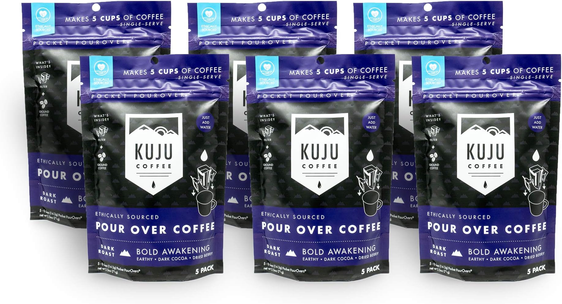 Kuju Coffee Premium Single-Serve Pour Over Coffee | Ethically Sourced, Specialty Grade, Eco-Friendly | Bold Awakening, Dark Roast, 5-packs (6 Count)