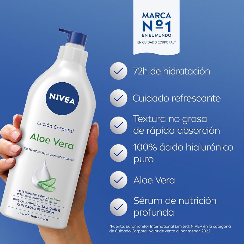 Loción Corporal Aloe Vera (1 x 625 ml), body loción refrescante para 72 h de hidratación profunda, loción hidratante con aloe vera, ácido hialurónico y sérum nutritivo