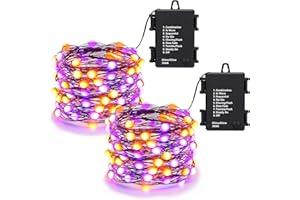 Lomotech Orange Purple Halloween Lights, 2 Pack 16.4ft 50 LED Battery Operated Halloween Fairy Lights with Timer Function, 8 Modes Waterproof Twinkle Lights for Halloween Decorations (Black Wire)
