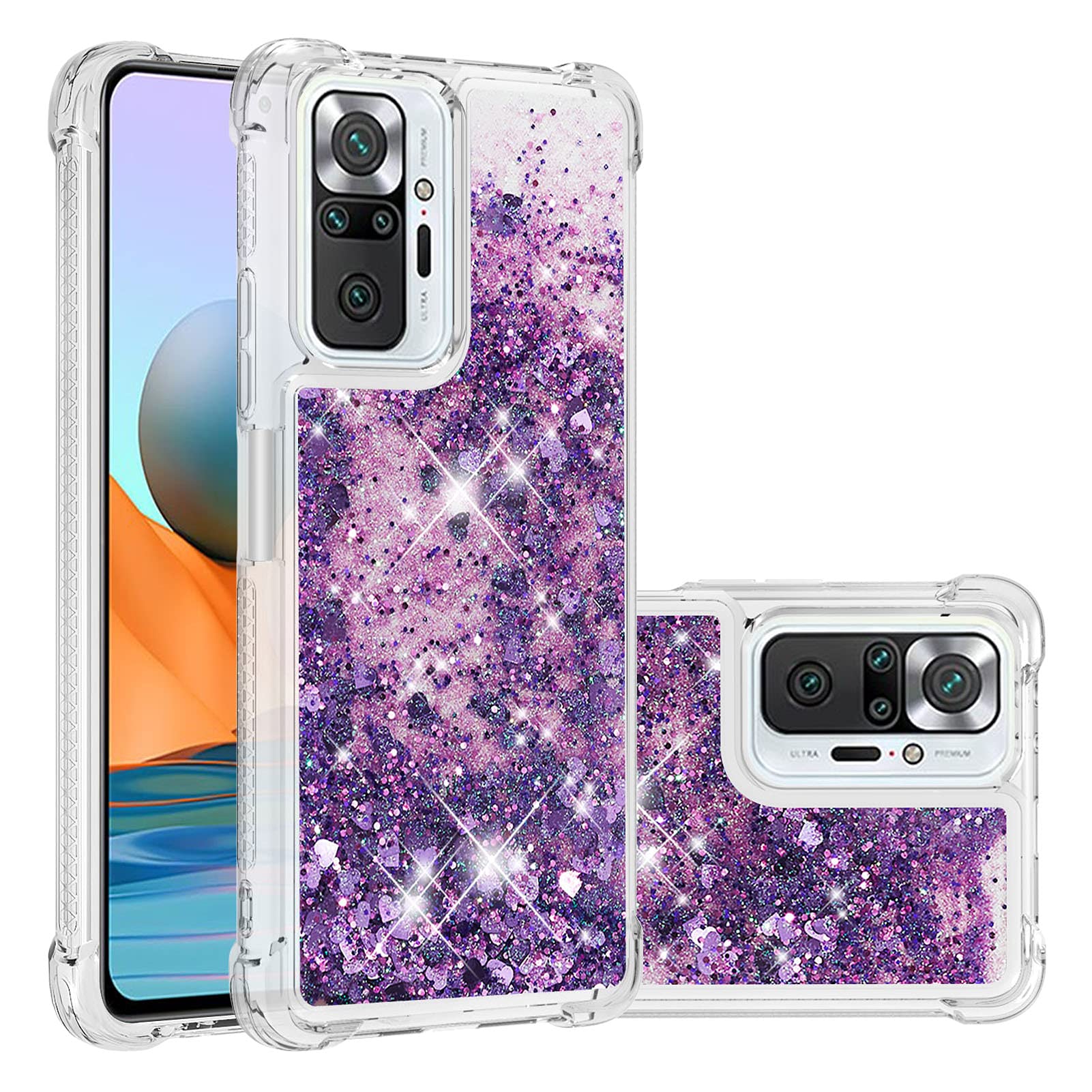 IMIRST Silicone Phone Case for Xiaomi Redmi Note 10 Pro, Corner Airbag Fall Protection Bling Glitter Quicksand Liquid Sparkle TPU Case Cover for Xiaomi Redmi Note 10 Pro. YBW Love Purple
