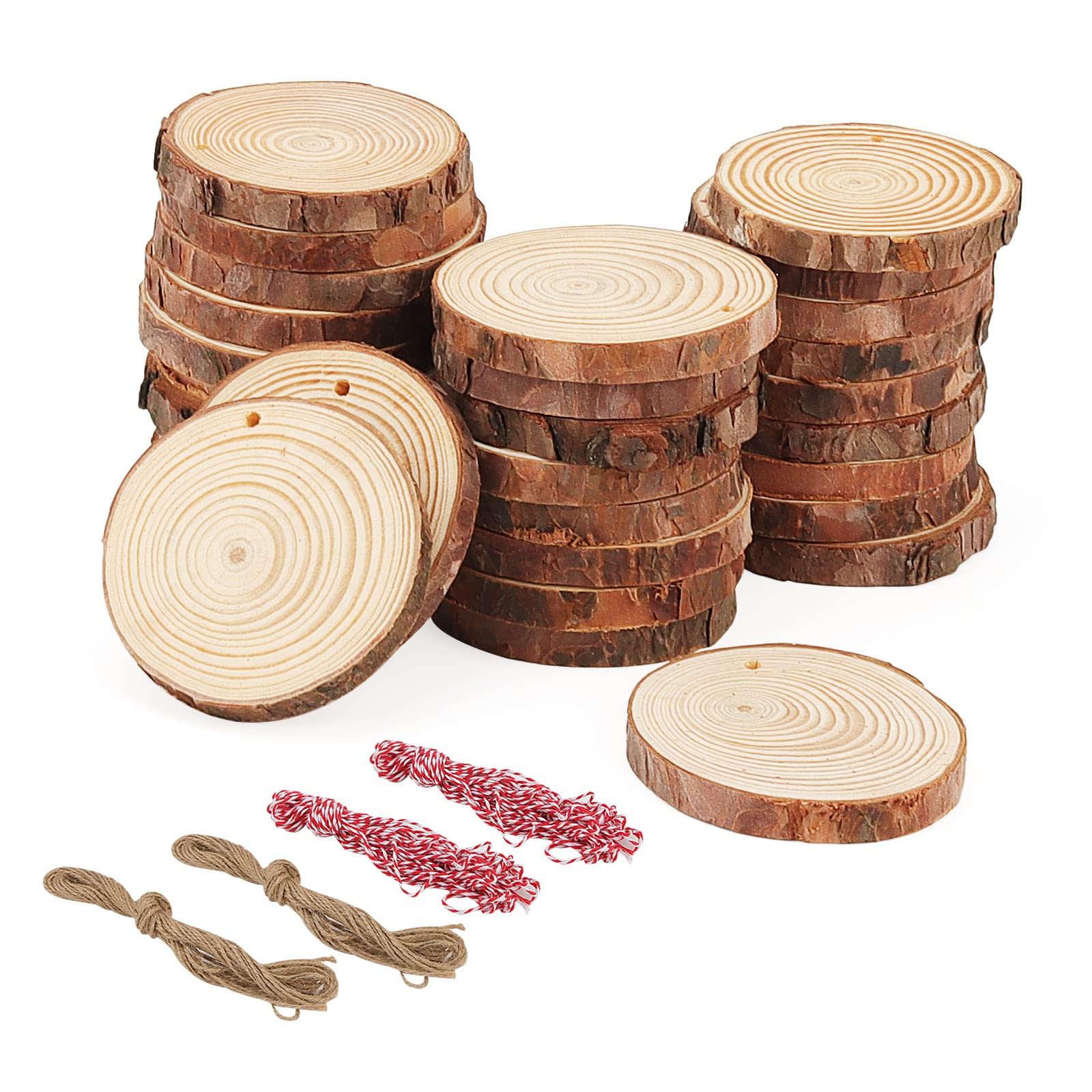 ZEONHAK 30 PCS 7-8cm Craft Log Wood Slices, Nutural Wooden Circles with Hole Hanging Rope, Unfinished Pine Wood Discs for Craft DIY Decorations Art