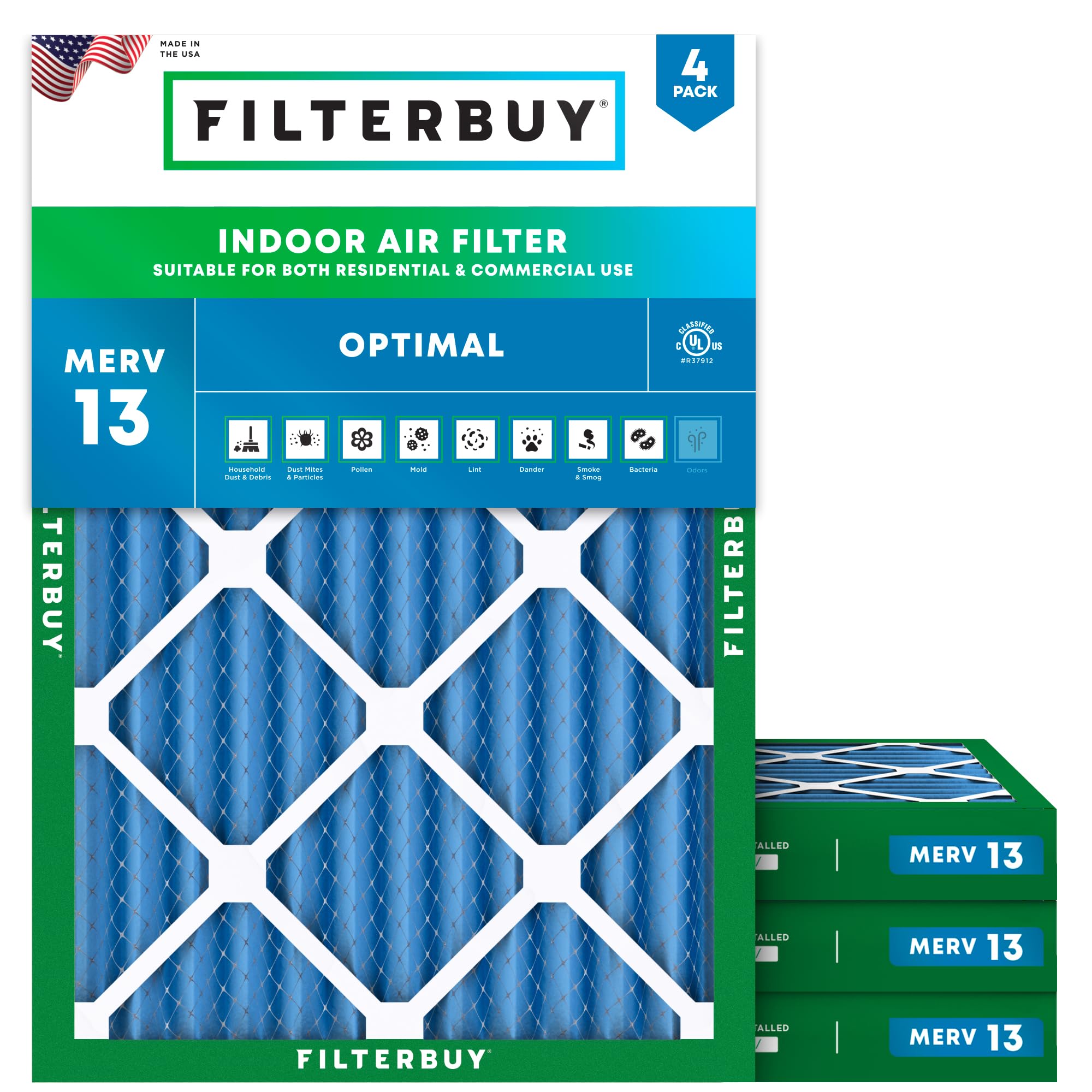 Filterbuy 30x32x2 Air Filter MERV 13 Optimal Smoke & Allergy Defense (4-Pack), Electrostatic Pleated HVAC AC Furnace Filters Replacement, Made in USA (Actual Size: 30.00 x 32.00 x 1.75) Image