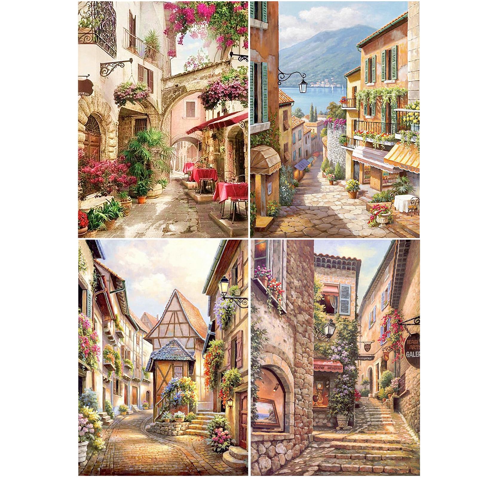 SHEGZHUC Set of 4 Diamond Pictures 40 x 50 cm 5D - Diamond Painting with Red Flowers, Table Chairs and Landscapes by the Sea - Gallery