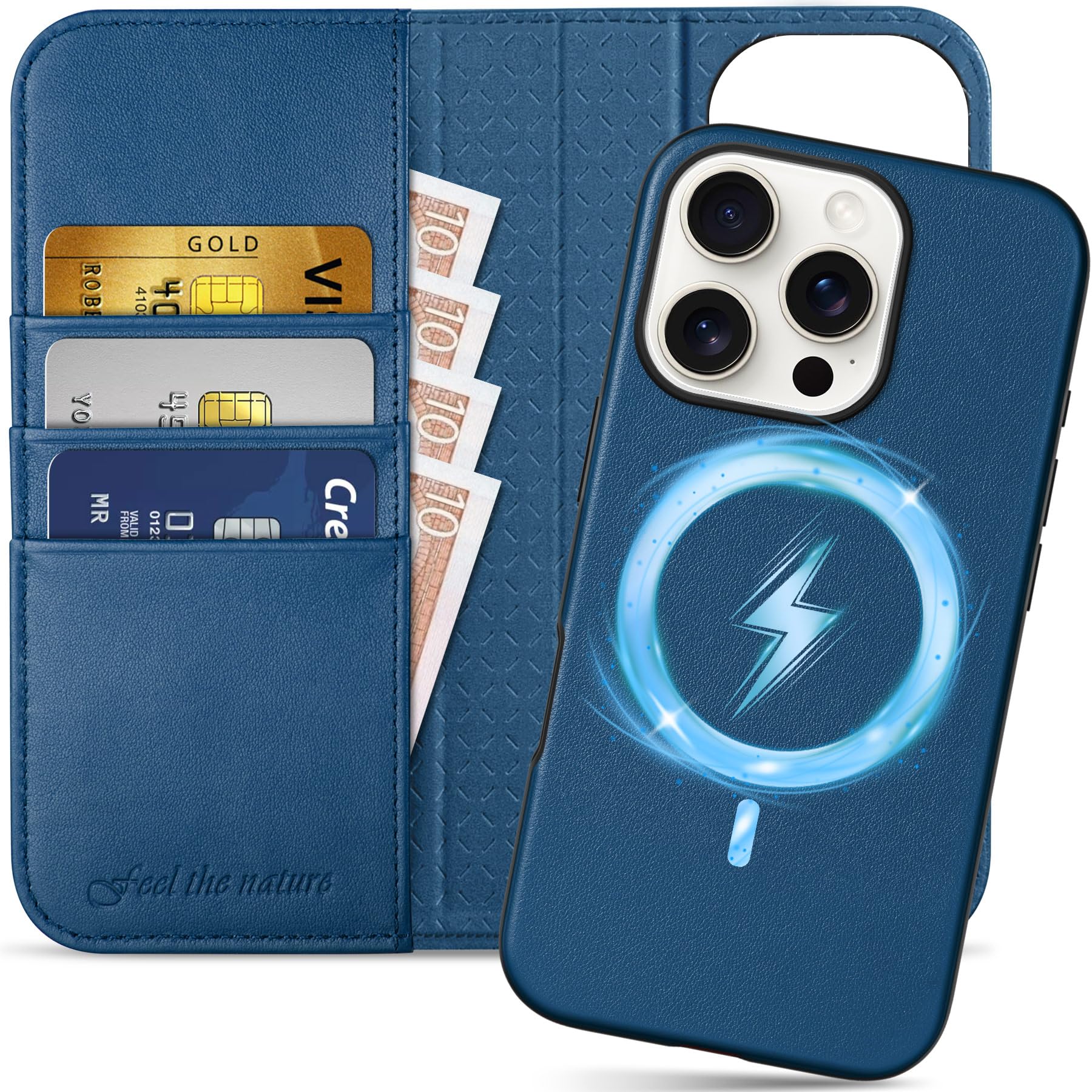 SHIELDON Case for iPhone 16 Pro, Genuine Leather Detachable Wallet Case [RFID Blocking][Card Holder][Kickstand] Magnetic Protection Removable Folding Cover Compatible with iPhone 16 Pro - Royal Blue