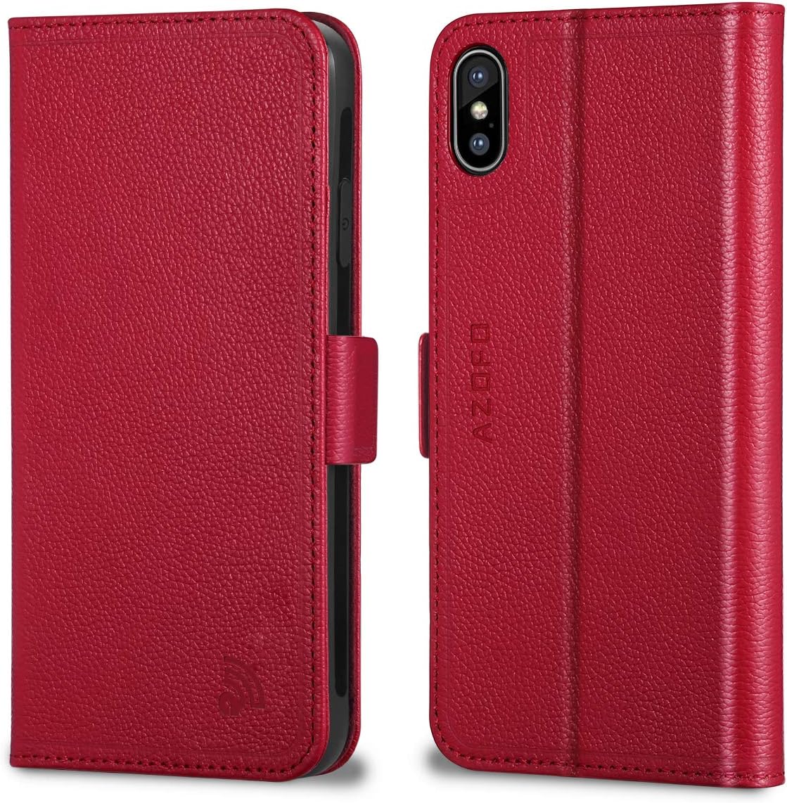 AZOFO iPhone Xs Max Wallet Case, iPhone Xs Max Case, Genuine Leather Case, Flip Cover Folio Book Style, Card Holder Slots, Magnetic Clousure, Cash Pockets Compatible iPhone Xs Max, Red
