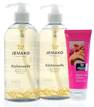 Jemako Küchenseife Flüssigseife Handseife 500 ml/1000 ml - Neutralisiert Küchengerüche - inkl. Seifenspender & Jemako Hand Ca