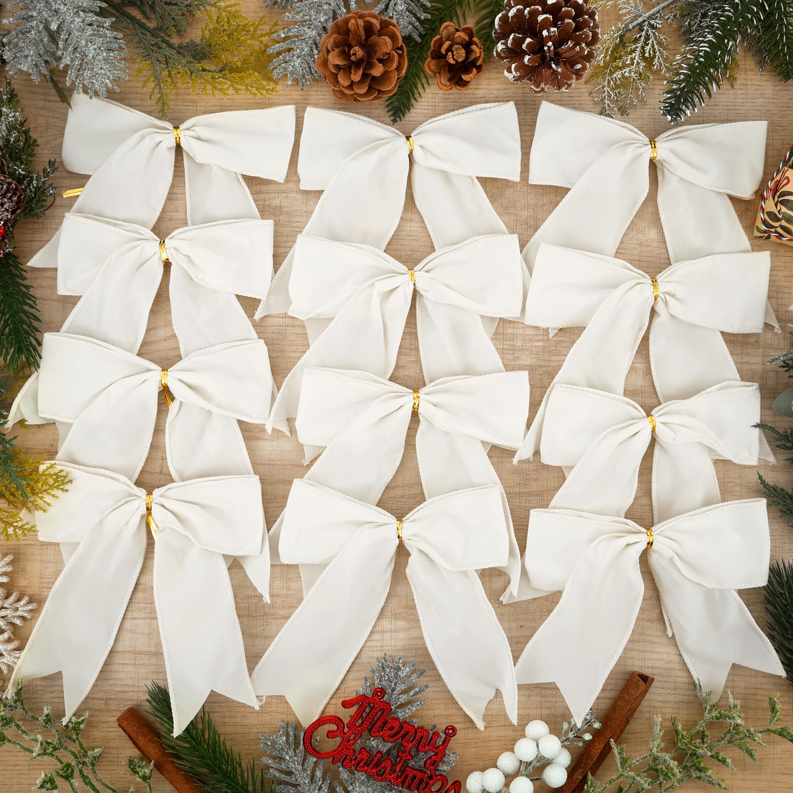Photo 1 of 12 Pcs Christmas Velvet Bows 6 Inch Rustic Wreath Gift Bows Vintage Xmas Ribbon Bows Holiday Ornaments for Christmas Tree Wreath DIY Xmas Crafts Home Decorations (Creamy White)