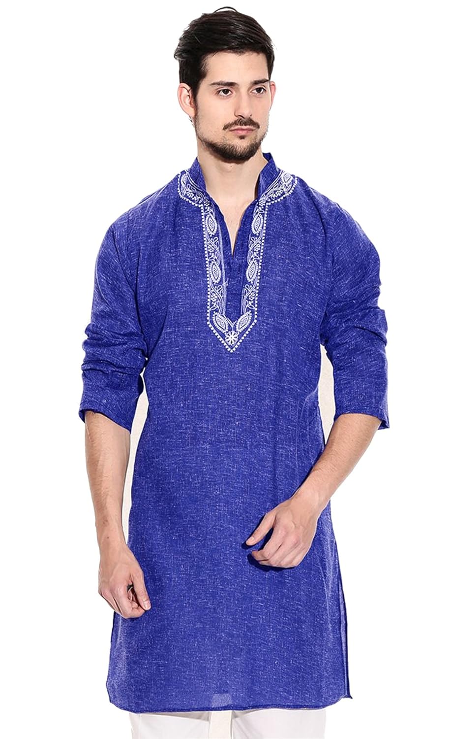 sai chikan men's regular fit embroidered blue jute cotton kurta with payjama