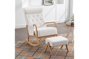 Neylory Rocking Chair Nursery, Mid-Century Modern Upholstered Fabric Rocking Chairs with Ottoman, Nursery Glider with Thick Padded Cushion, High Backrest Glider Rocker for Living Room (Beige)