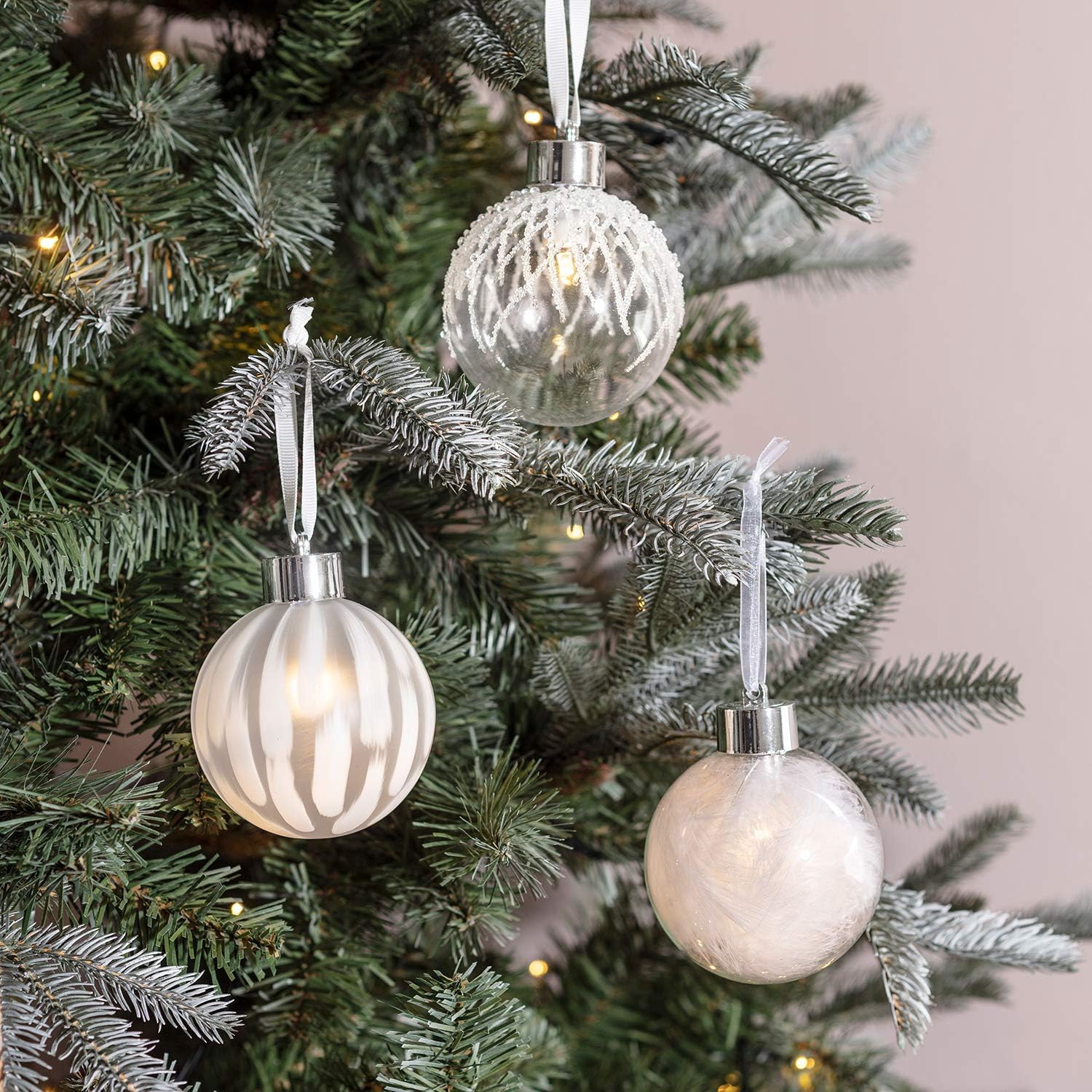 Lights4fun Set of 3 Pre Lit Clear Glass Baubles Battery LED Christmas