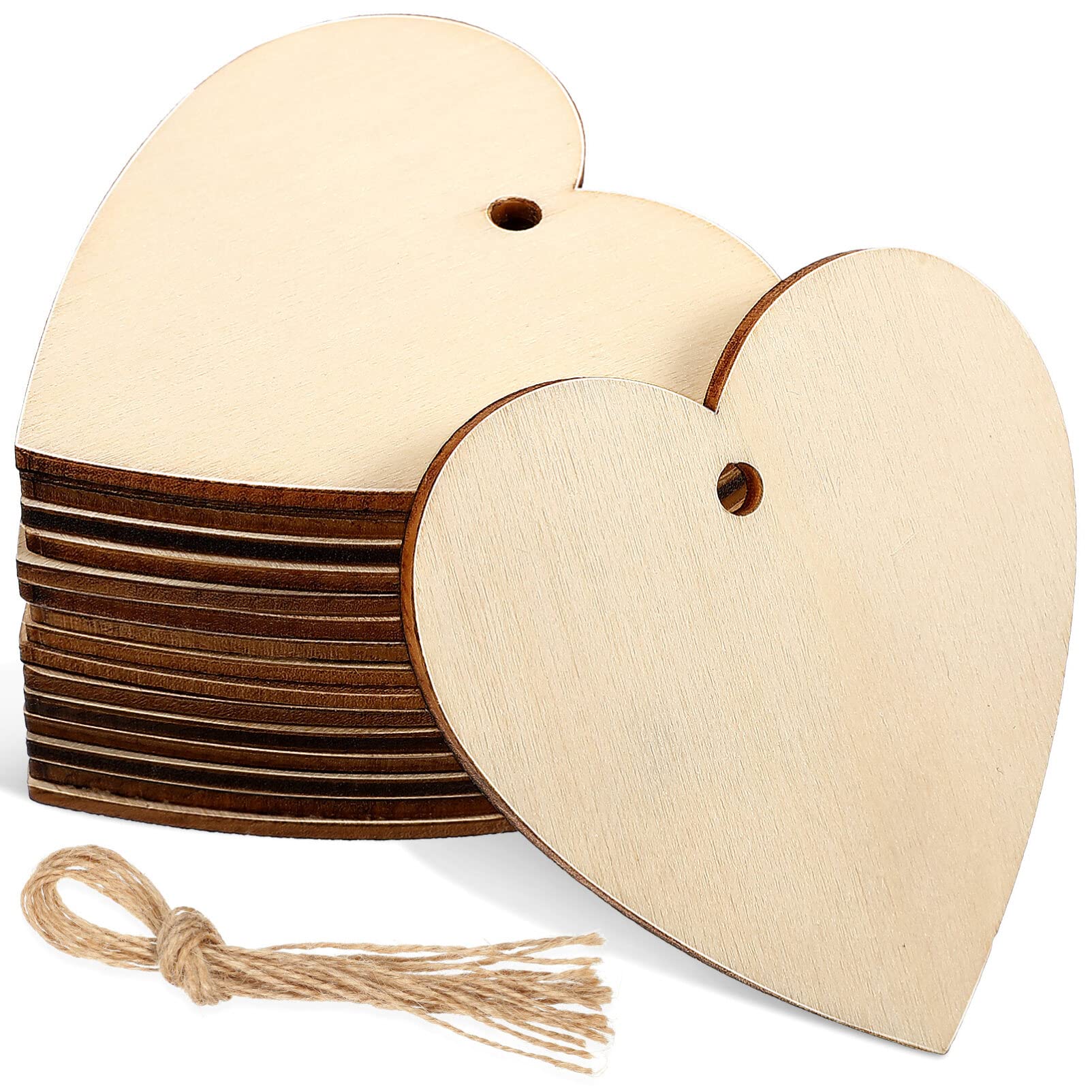 SEWACC 50pcs Wooden Heart Cutouts Unfinished Wooden Heart Slices Rustic Wood Hanging Tag with Ropes Front Door Decor for DIY Crafts Door Hanger Decoration