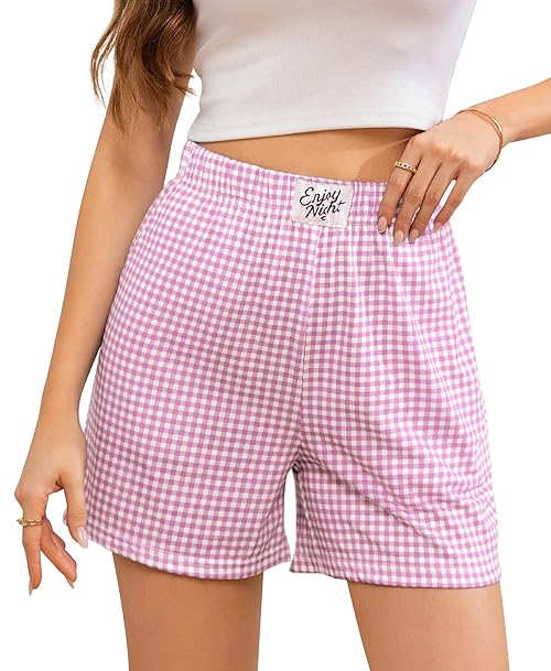 ENJOYNIGHT Women's Pyjama Bottoms Plaid Boxer Shorts Cotton Lounge Shorts for Summer with Pockets (Medium,Pink)