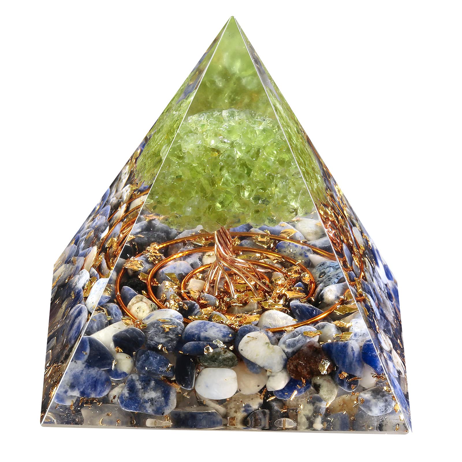mookaitedecor Sodalite & Peridot Tree of Life Crystal Pyramid Ornament Table Decoration Reiki Healing Spiritual Crystal Stone Gift for Positive Energy Meditation Tree of Life Decor Gift