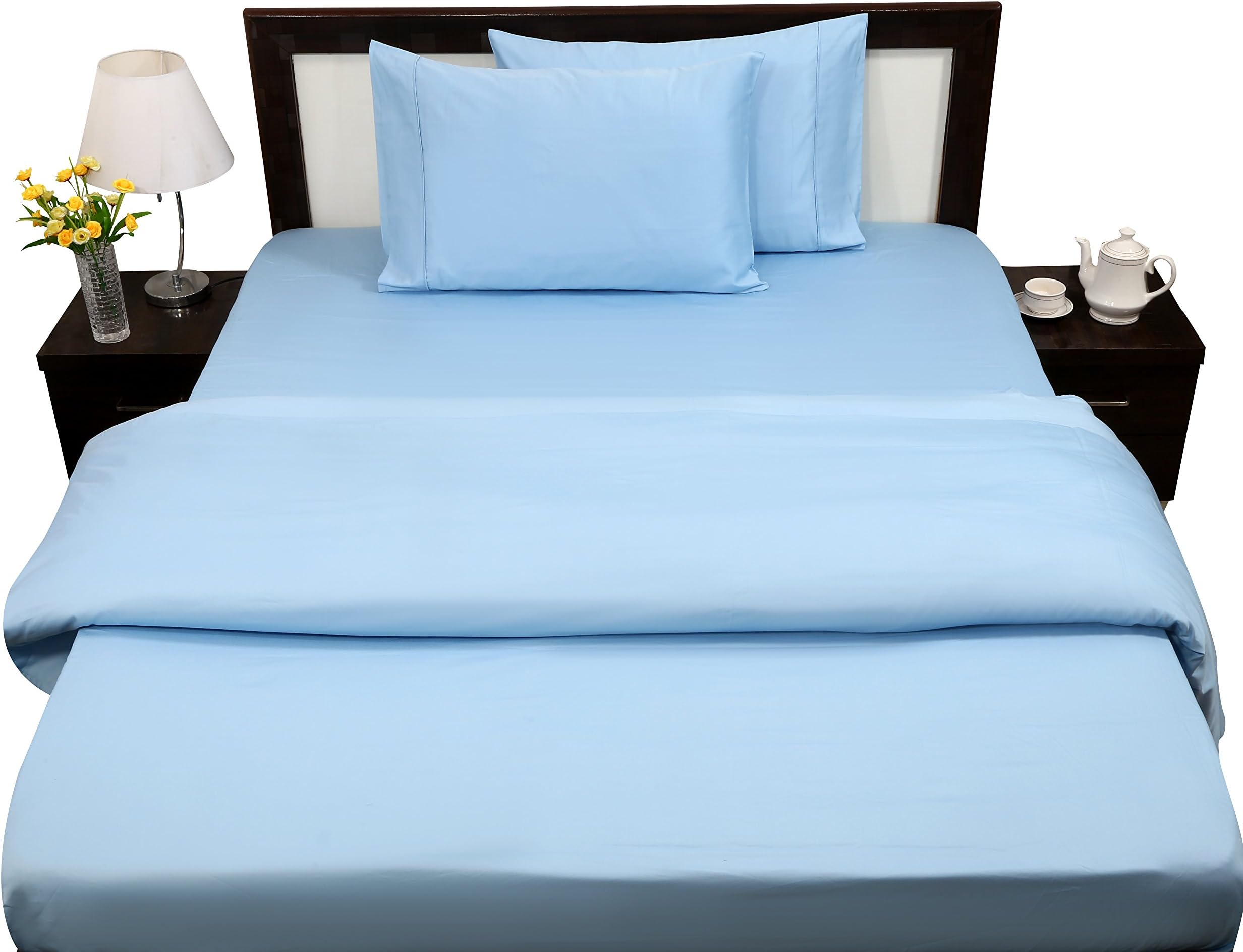 Bed Sheet Set 4 PCs Egyptian cotton Single Size 18 cm Drop, Light Blue Solid Ultra Soft-Sateen 400 Thread-Count