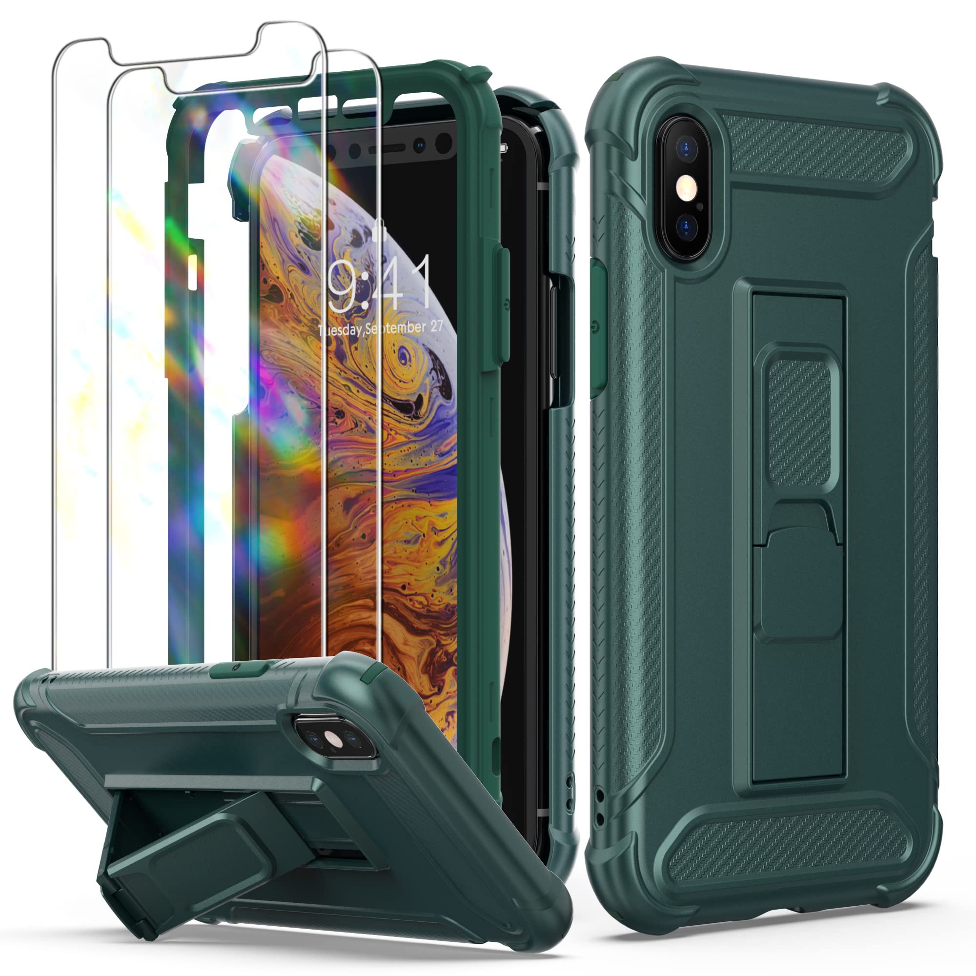 ORETECH Designed for iPhone X Case, and [2 x Tempered Glass Screen Protectors] [Heavy Duty Protection] [Kickstand & Phone Holder] Full Body Shockproof Protective Cover for iPhone XS - Dark Green — image 1