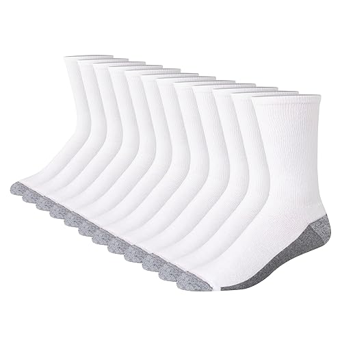 Hanes Mens Max Cushioned Socks, Moisture-wicking With Odor Control, Multi-pack Crew, White/Grey Foot Bottom - 12 Pack, 6-12 US