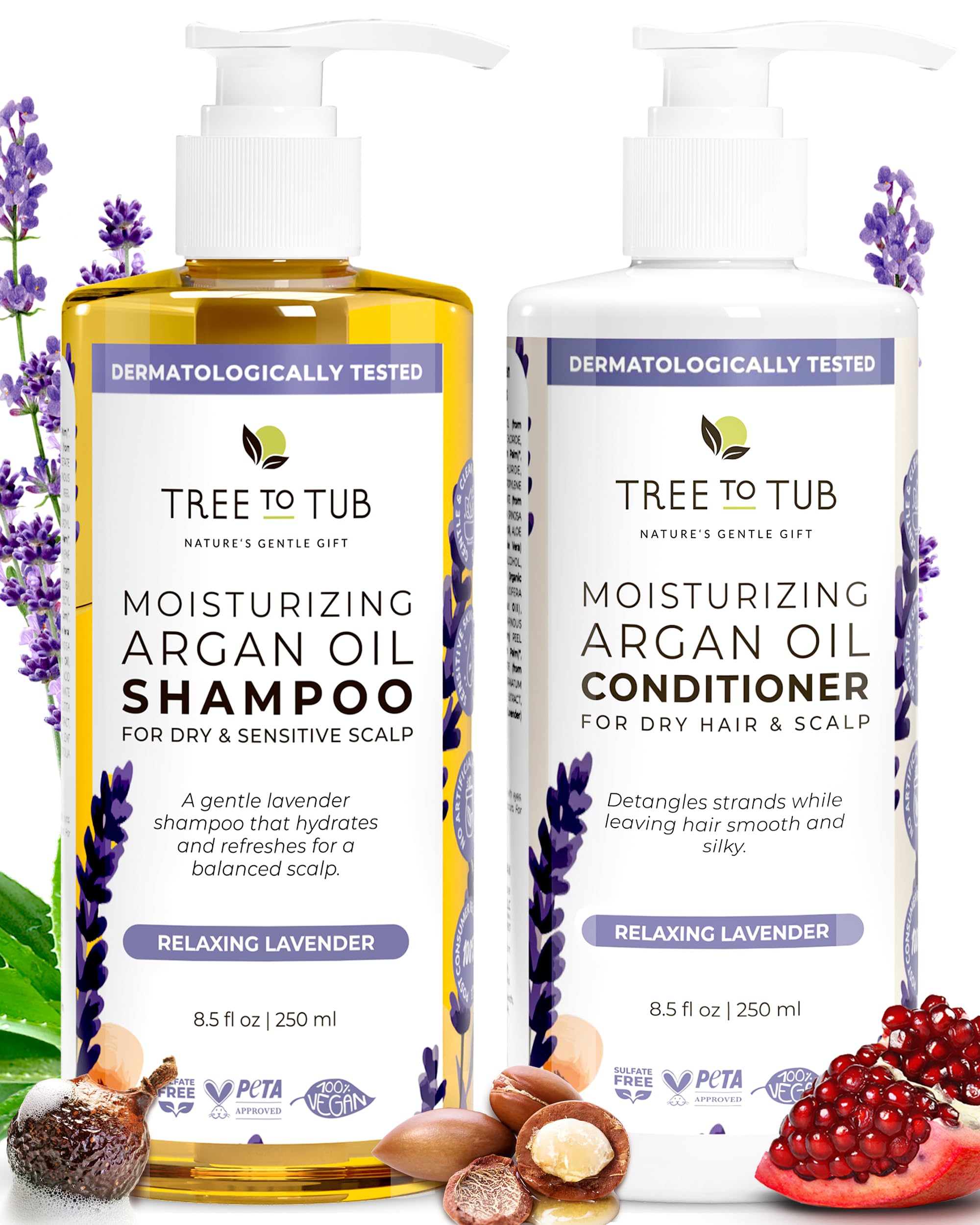 Tree To Tub Hydrating Sulfate Free Shampoo and Conditioner Set for Dry Hair, Dry Scalp, Frizz - Moisturizing Argan Oil Shampoo and Conditioner for Women & Men w/Organic Aloe Vera All Natural Lavender