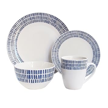 American Atelier 7084-16-RB Rhythm Dinnerware Set, 10.5 x 10.5, White/Blue