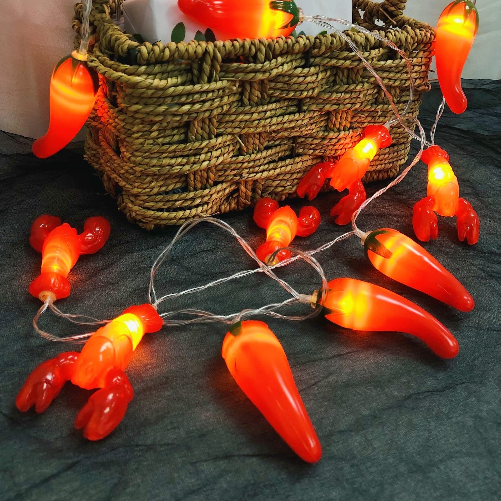 Riaxuebiy Red Chili String Light 3M 20 LEDs Pepper Lobster Fairy Lights Decorative Night Light for Bedroom, Wedding, Party, Christmas, Festival, Tree Decoration (USB-2 Modes, Chilli+Lobster)