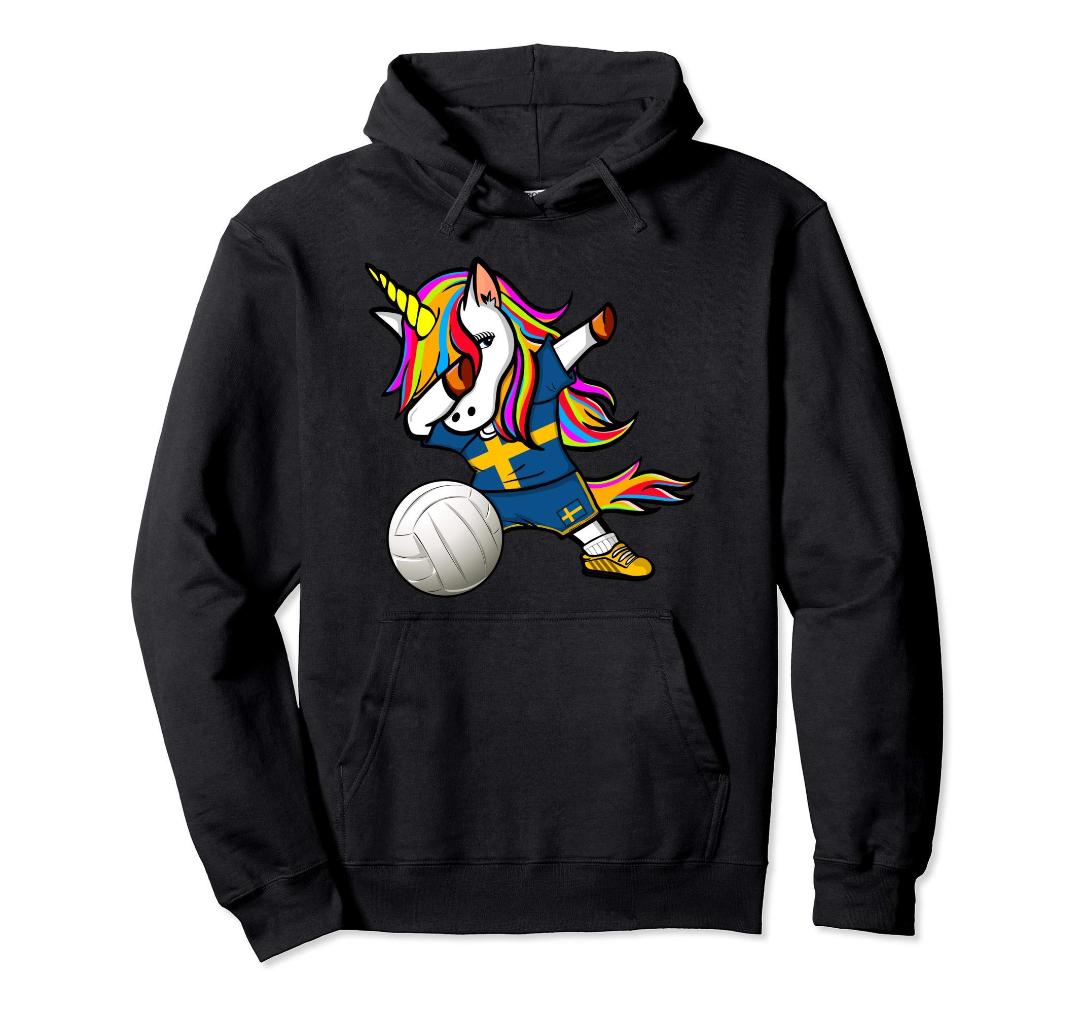 Dabbing Unicorn Sweden Volleyball Fans Jersey - Swedish Flag Pullover Hoodie