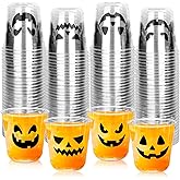 JarThenaAMCS 60Pcs Halloween Plastic Cups Spooky Pumpkin Face Disposable Clear Stemless Wine Cocktail Glasses 12 Oz PET Drinkware Cups Set for October Trick or Treat Birthday Party Supplies