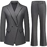 Lamgool Women's Pinstrip Suit Gold Lines 2 Pieces Slim Fit Business Blazer Flared Pants Set for Work
