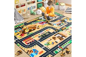 Diysani Kids 4x6 Ft Construction Site Play Rug, Baby Play Mat, Tufted Wool & Rubber, Non-Slip, Stain & Fade Resistant, Machine Washable, Rustic Cartoon Construction Site Pattern
