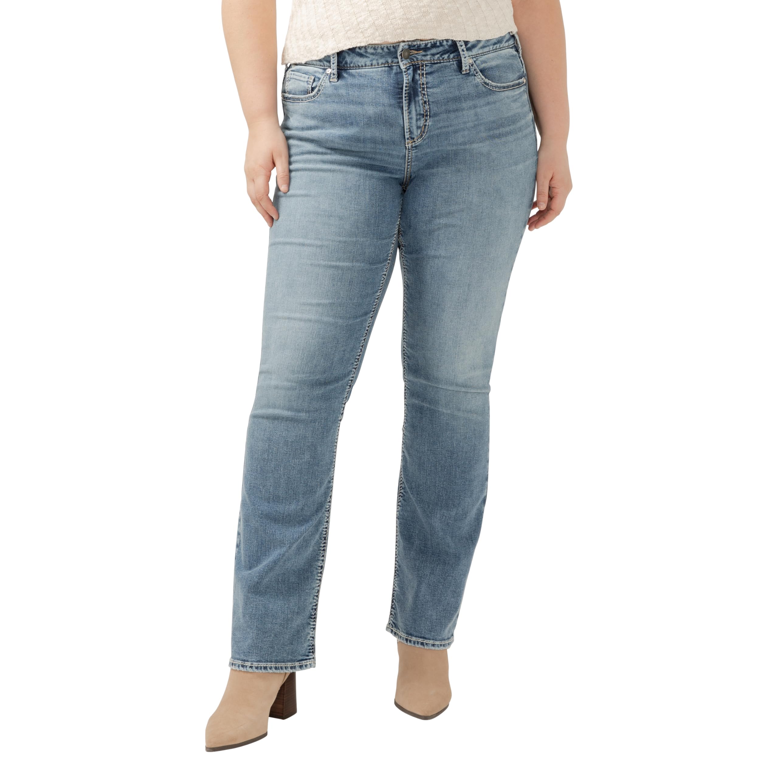 Silver Jeans Co. Women’s Plus Size Elyse Mid Rise Comfort Fit Slim Bootcut Jeans, Med Wash SIA336