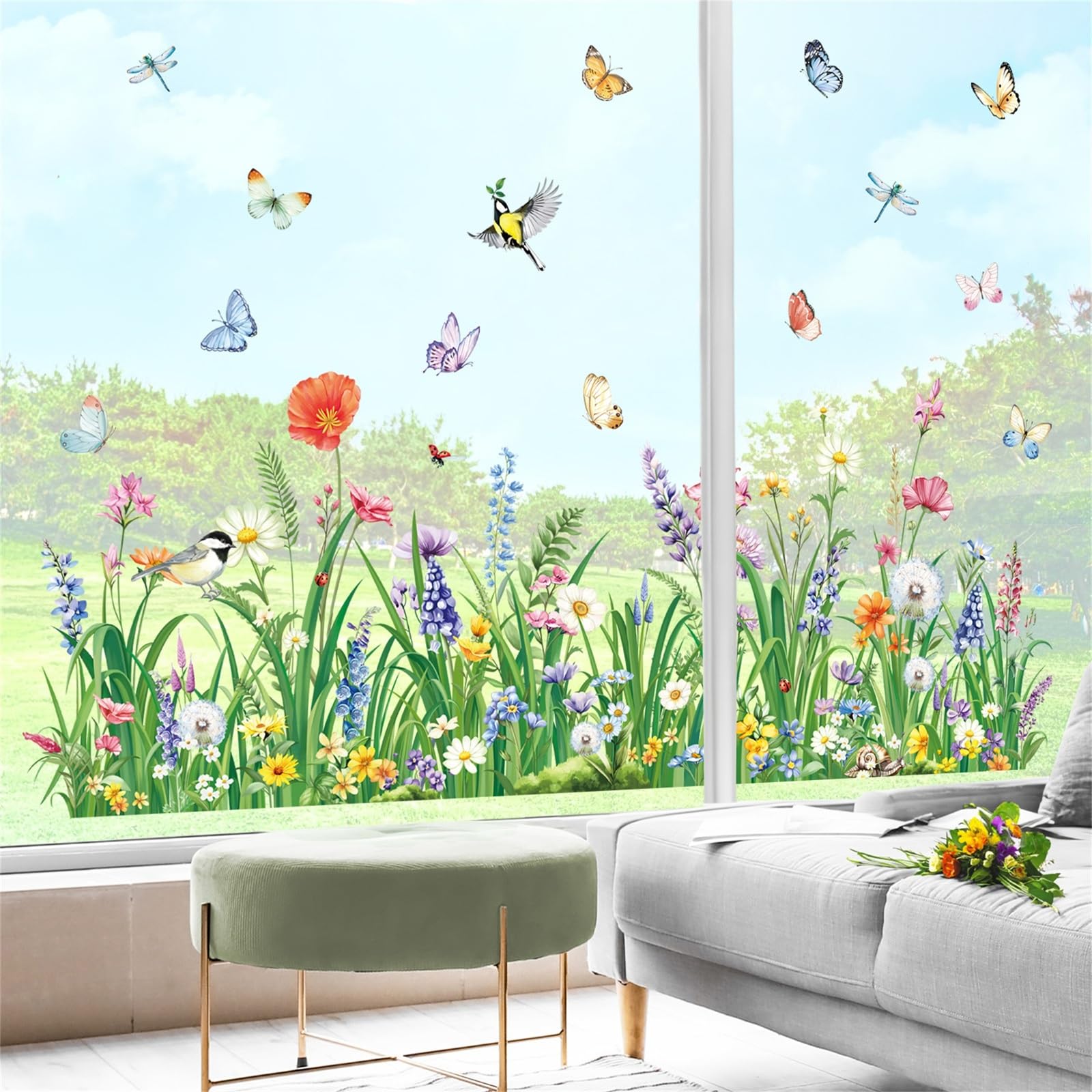 decalmile Spring Summer Flower Grass Double Sided Window Clings Wildflower Butterflies Window Decals Anti-Collision Glass Window Doors Window Stickers
