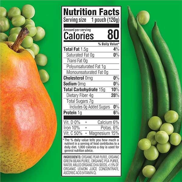 HAPPYTOT ORGANICS STAGE 4 BABY FOOD POUCHES, GLUTEN FREE, VEGAN SNACK, SUPERFOODS FRUIT & VEGGIE PUREE, PEARS, PEAS, GREEN BEANS & CHIA, 4.22 OUNCE (PACK OF 16)