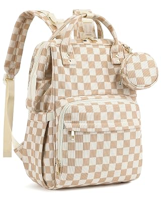 Corduroy Diaper Bag Backpack, Large Capacity Multifunction Baby Diaper Bags for Women, Insulated Bottle Pockets & Pacifier Case, Stylish Travel Nappy Changing Bags for Mom Dad (Checkered Brown)