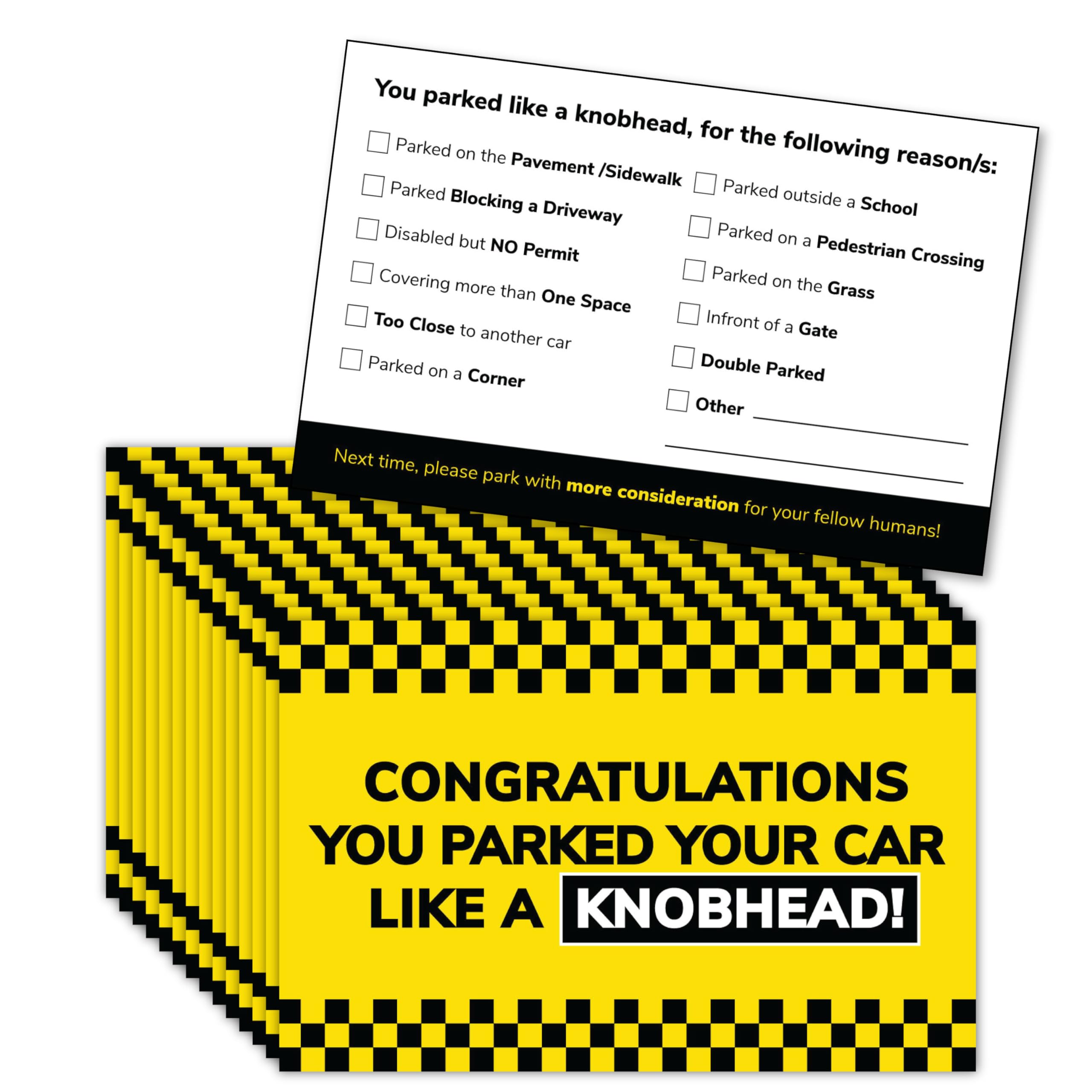 You Parked Like a ****Head Bad Parking Cards (Pk x100) 3.5"x2" / 85mmx55mm. Multi Reasons Violation Options. Funny Vehicle Parking Jokes and Pranks, Fake Parking Tickets. Stocking Filler.
