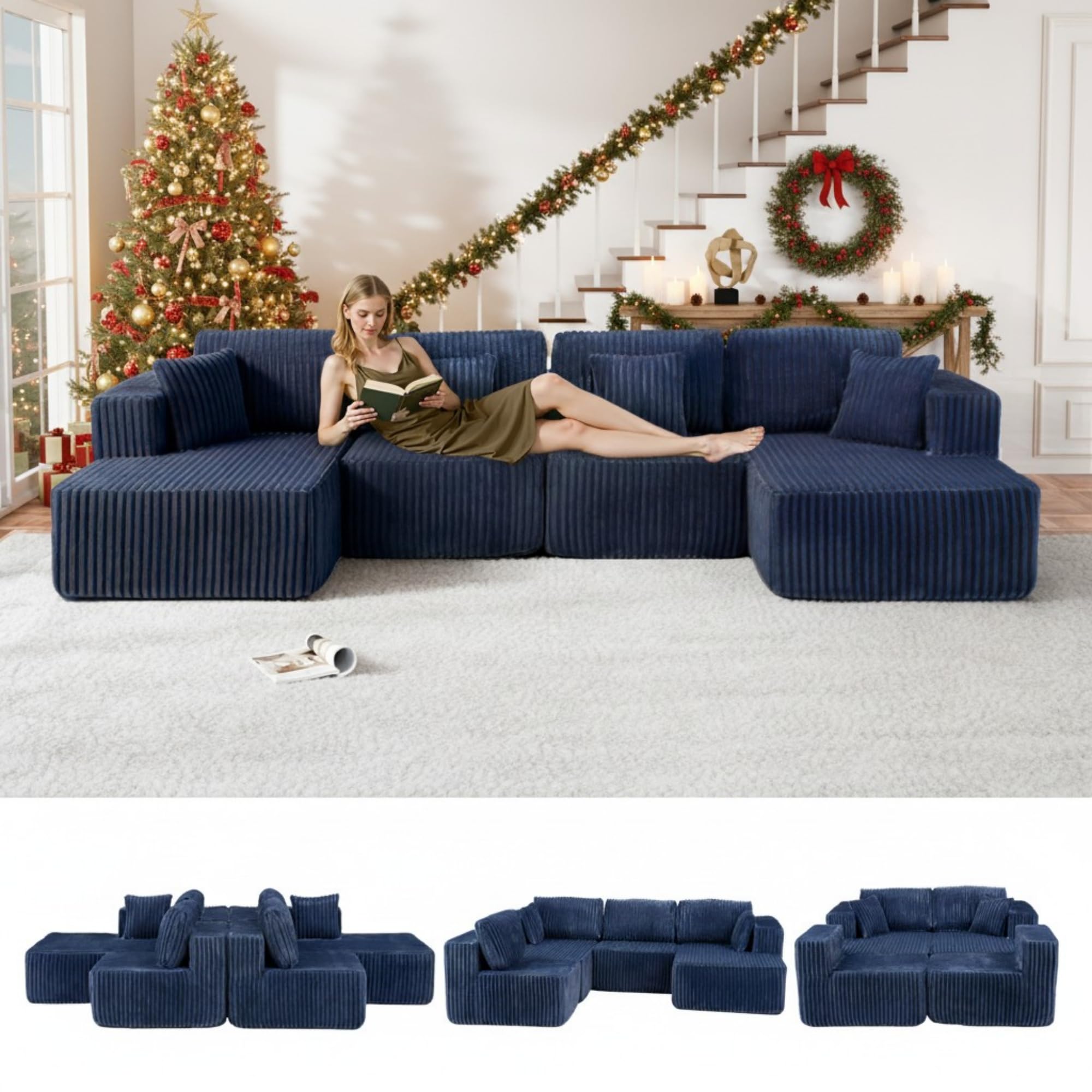 Photo 1 of **PARTIAL SET**
Trygoal 132" U Shaped Couch, Modular Sectional Sofa with Chaise, Corduroy U Shaped Boneless Couch with Deep Seat, Upholstered Modular Cloud Sofa for Living Room, No Assembly Required, Blue