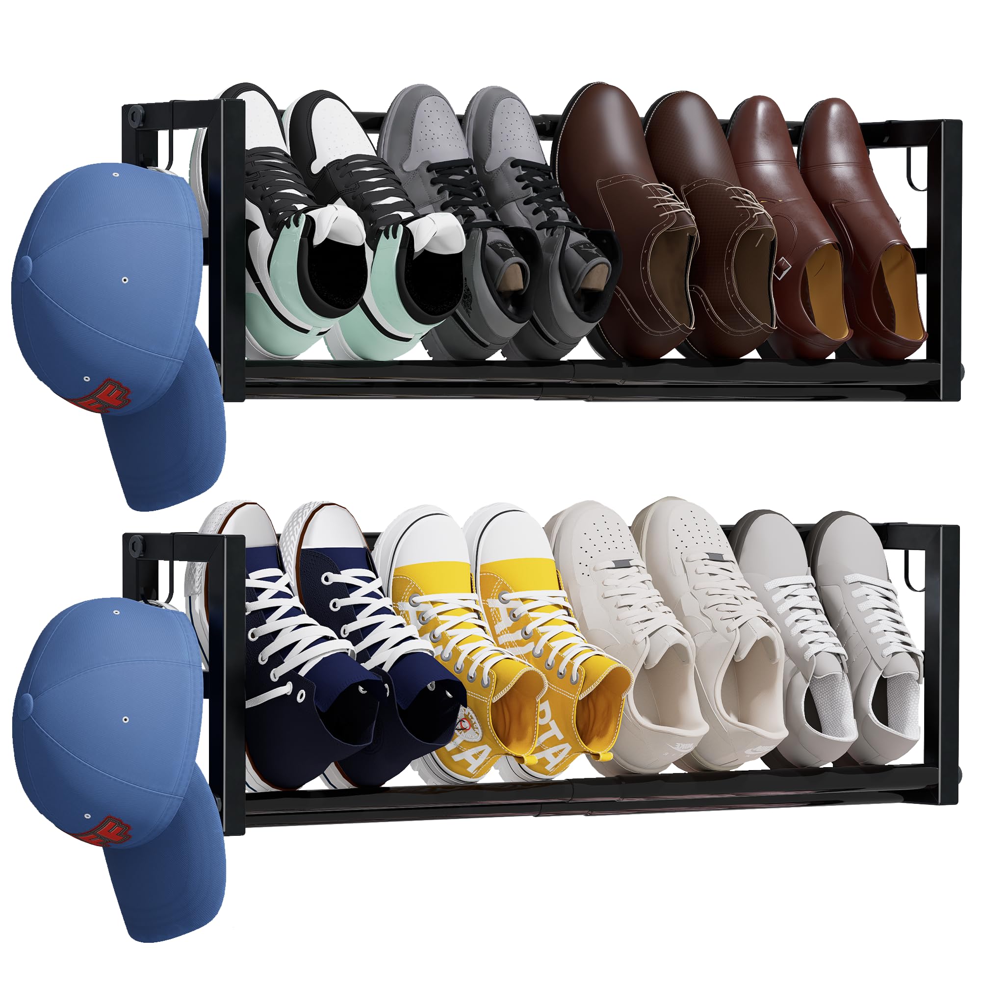 Photo 1 of 2 Pack Narrow Wall Mounted Shoe Rack for Small Spaces, Hanging Shoe Rack Holds 8 Pairs, 17"-30"Adjustable Heavy Duty Wall Shoe Storage with 4 Storage Hooks,Space Saving for Closet Entryway Door,Black