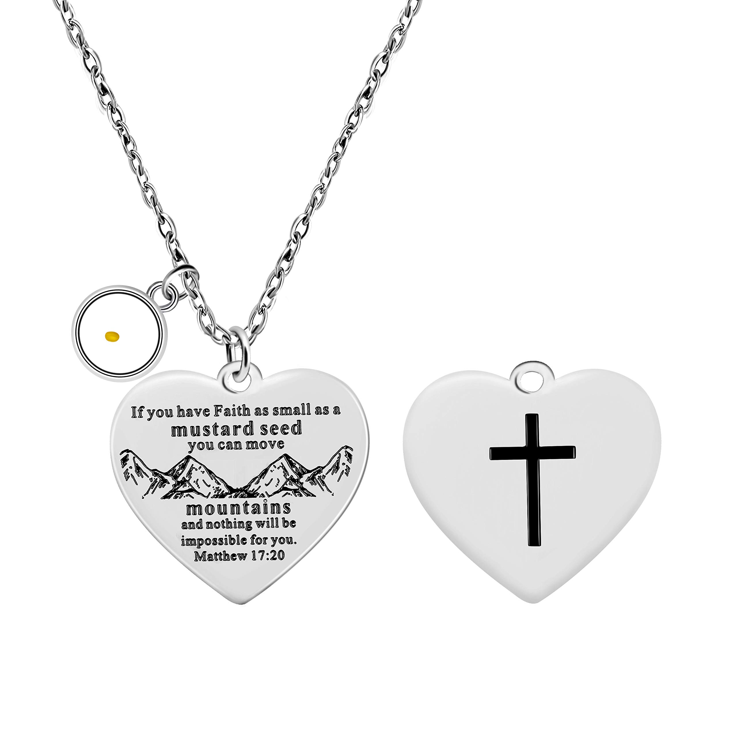 Bible Verse Cross Pendant Mountain Faith Necklace Charm Christian Lord's Prayer Mustard Seed Religious Jewelry for Women (Round Seed)