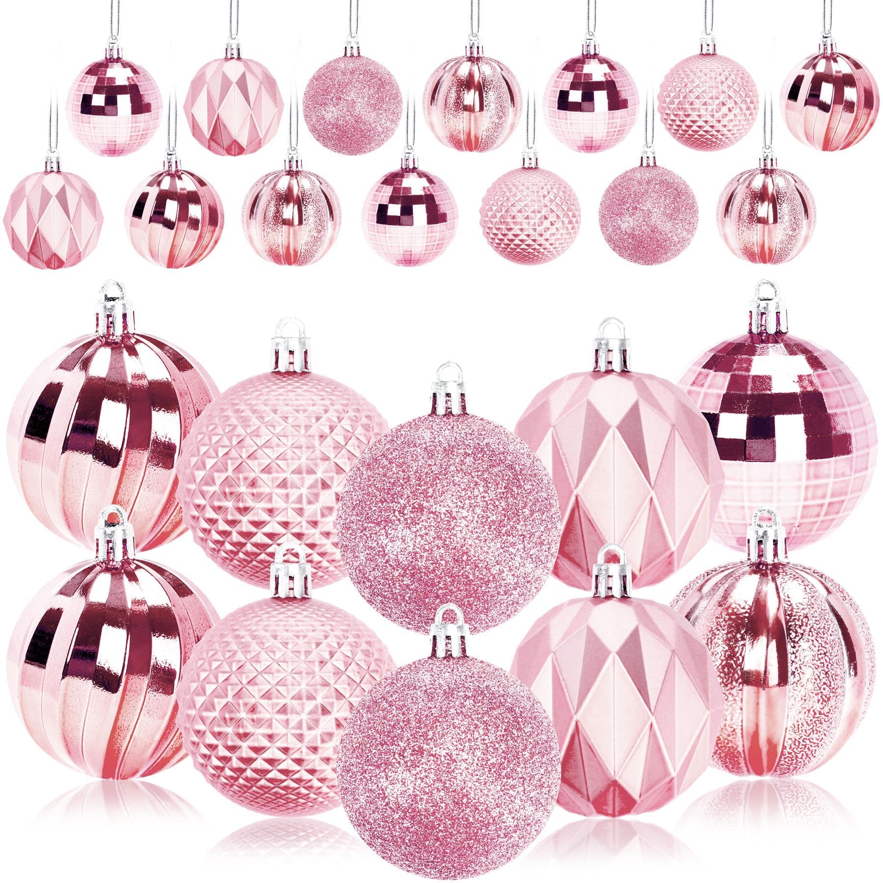 Photo 1 of JULMELON 24PCS Large Christmas Balls Ornaments,60mm/2.4 in Shatterproof Plastic Decorative Xmas Tree Ornaments, Assorted Christmas Ball Ornaments for Wedding Mothers Day Party Decorations (Pink)