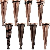 Geyoga 8 Pairs Thigh High Socks Fishnets Socks for Women Lace Mesh over Knee Long High Stockings with Bows