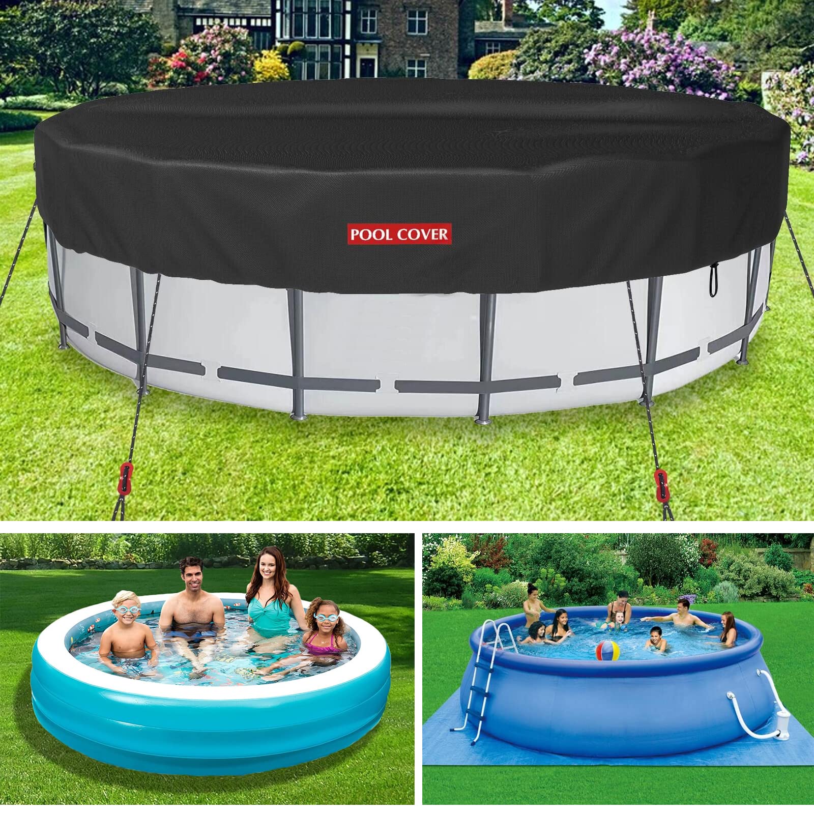 Photo 1 of 15 FT Round Swimming Pool Cover, Solar Pool Covers for Above Ground Pool, Inground Pools & Hot Tub with Adjustable Drawstring Design, 420D Oxford Fabric with PVC Lining Pool Cover