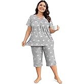Heat Move Women’s Plus Size 2-Piece Pajama Set – Soft Short Sleeve Top & Capri Pant Sleepwear with Pockets, L-5XL