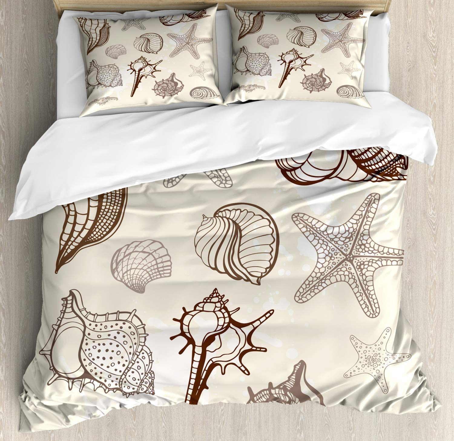 4 Pieces Duvet Cover Set Soft Durable Print Bedding Set Grunge Designed Outline Starfish Seashells Nautical Art Zipper Closure & Ties Easy Care for Bedroom Dark Rosewood Eggshell Dark Eggshell Full