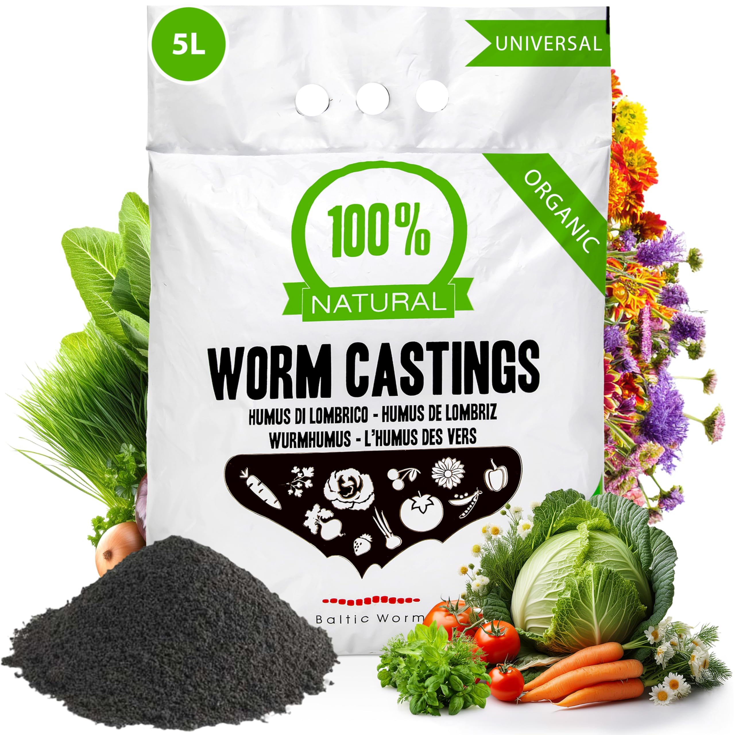 Baltic Worm Worm Castings 5 Liter - Pure Multipurpose Fertiliser Vermicompost - Natural Top Soil Builder and Improver Plant Feed for Potting Germination Growing
