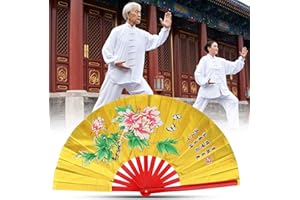 VGEBY Kung Fu Fan, Bamboo Silk Fan Tai Chi Right Hand - Lightweight with Delicate Painting Wushu Dance Pratice Training (Gold) Chinese Fans Phoenix