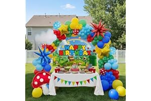 Super Bros Themed Party Decorations with Small Polka dot printed Balloon arch & Cloud Mushroom Star foil Balloons & Banner Bi